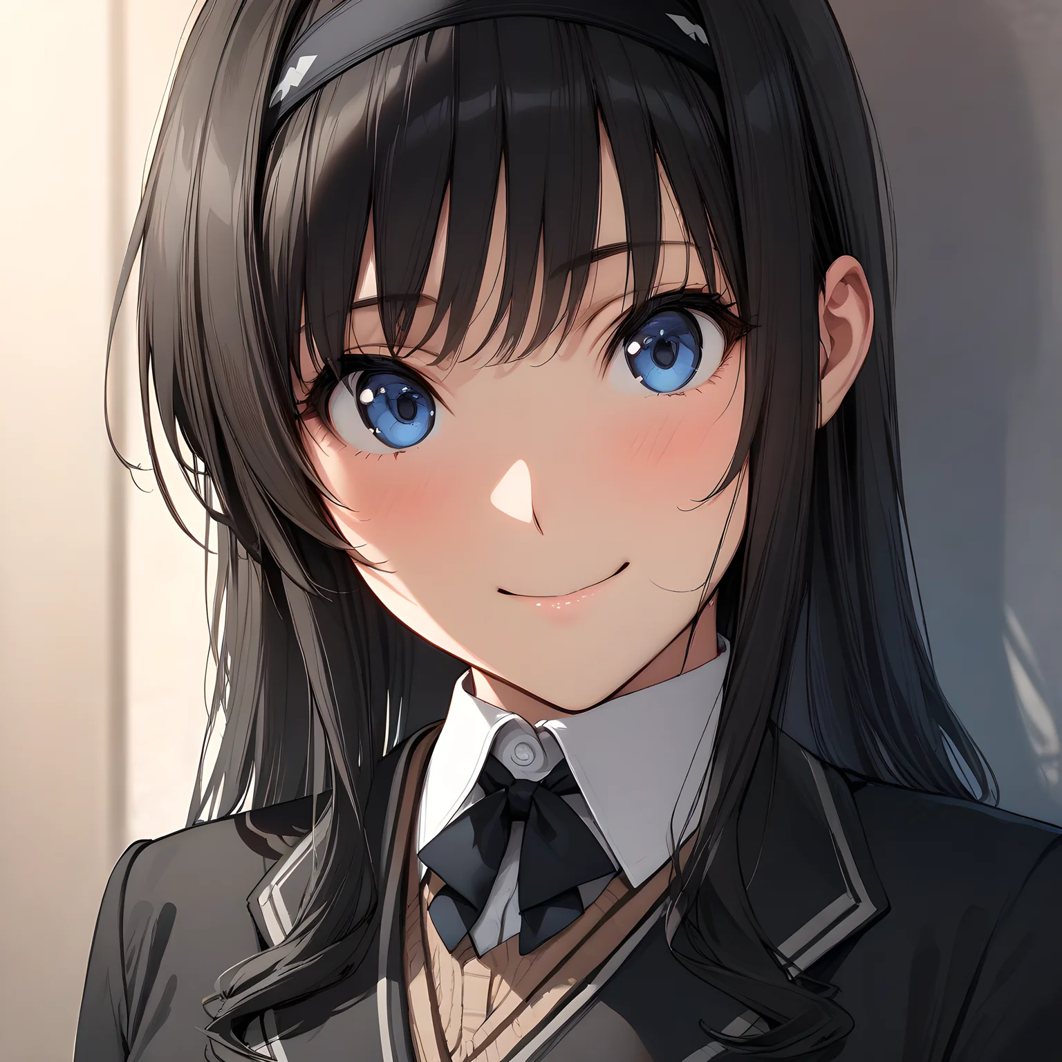 (masterpiece),(best quality),(ultra-detailed),(best illustration),(best shadow),(absurdres),(detailed background),(very aesthetic), haruka_morishima, 1girl, solo, kibito high school uniform, school uniform, hairband, long hair, blue eyes, black hair, long sleeves, smile, black jacket, jacket, very close-up, portrait, <lora:Haruka_Morishima:1>