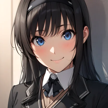 (masterpiece),(best quality),(ultra-detailed),(best illustration),(best shadow),(absurdres),(detailed background),(very aesthetic), haruka_morishima, 1girl, solo, kibito high school uniform, school uniform, hairband, long hair, blue eyes, black hair, long sleeves, smile, black jacket, jacket, very close-up, portrait, <lora:Haruka_Morishima:1>