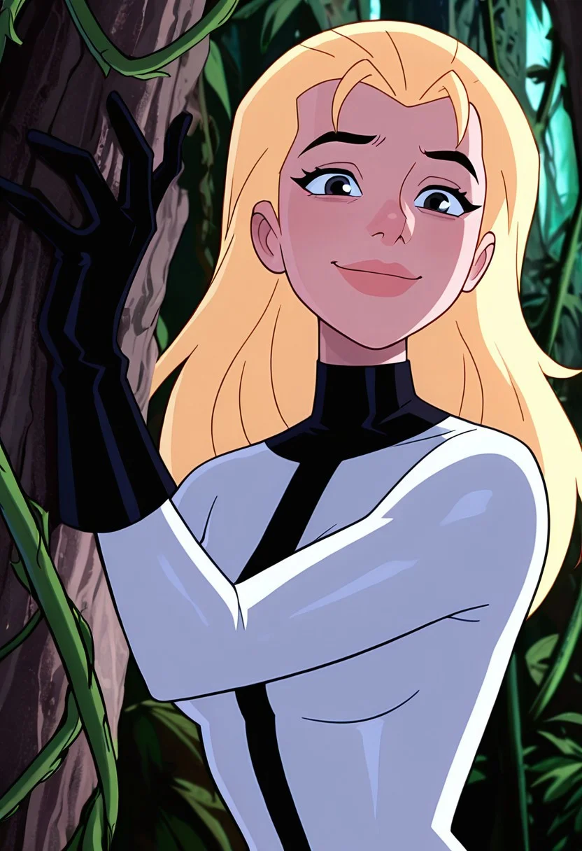 masterpiece, best quality, amazing quality, very aesthetic, absurdres, newest, ((parody, cartoon, screencap))
eunice, 1girl, long hair, blonde hair, lips, , eye liner,
smile, expressive, facial expression,
white body suit, black stripe, black turtle neck, black gloves,, in jungle, winging from vines, blue monkeys in background,