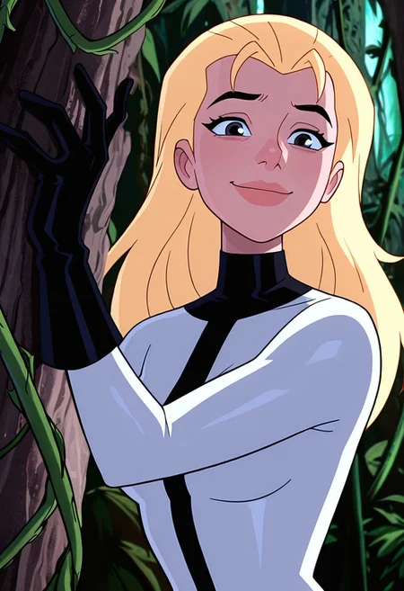 masterpiece, best quality, amazing quality, very aesthetic, absurdres, newest, ((parody, cartoon, screencap))
eunice, 1girl, long hair, blonde hair, lips, , eye liner, 
smile, expressive, facial expression, 
white body suit, black stripe, black turtle neck, black gloves,, in jungle, winging from vines, blue monkeys in background,