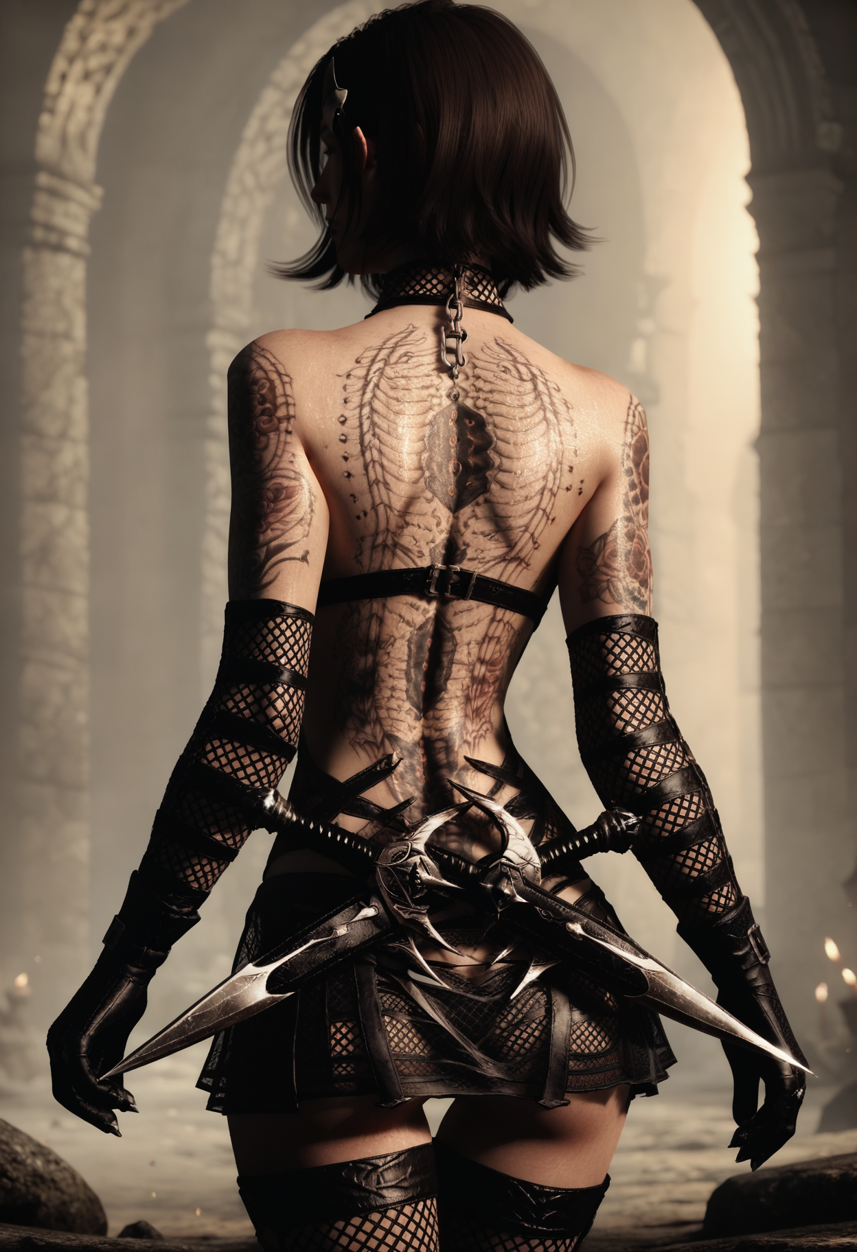 score_9, score_8_up, score_7_up,
1girl, solo,
<lora:Dark_MertaAssassin_Pony_v1:0.8> d4rkm3rt44ss4ss1n, lingerie, skirt, choker, elbow gloves, back, tattoo, dagger, dual wielding,