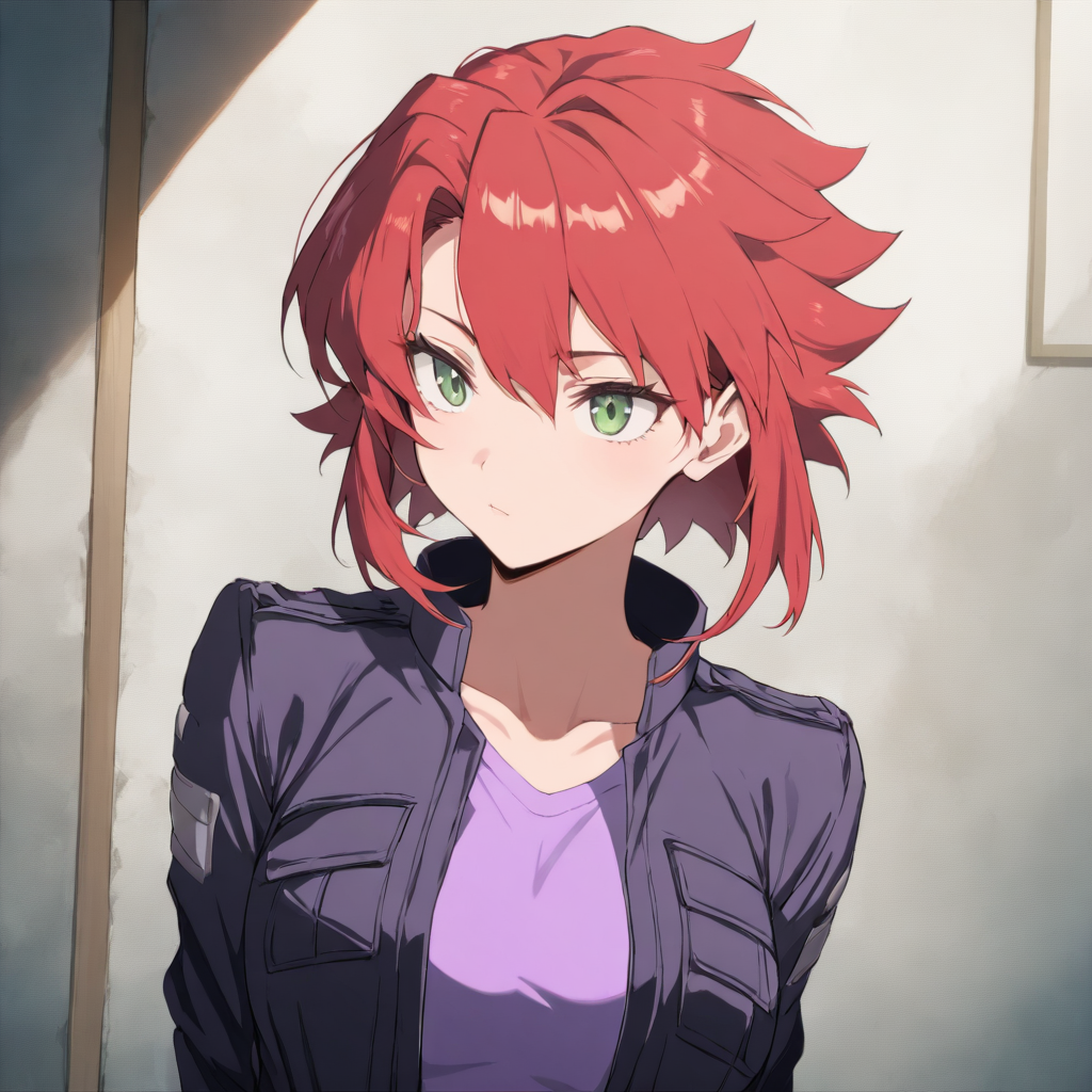 solo,upper_body,masterpiece,high score,great score,absurdres,jacket,purple shirt,<lora:Chiaia_Flan ag4o v1:1> chiaiaflan, short hair, red hair, green eyes,