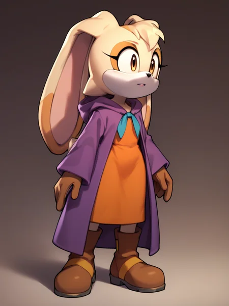 score_9, score_8_up, score_7_up, <lora:Cream_the_Rabbit_Pony:0.8> cre4mth3r4bb1t, Furry, furry female, animal ears, animal nose, rabbit ears, rabbit girl, tail, brown gloves, multicolored fur, orange dress, purple robe, brown boots, long robe, hooded robe, <lora:Biancarabbit:0.4>