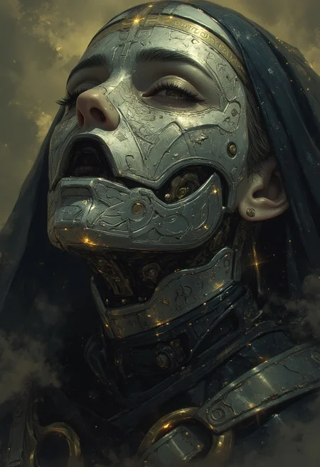 An extreme close-up of the nun’s face, framed by the intense, gritty realism of an old analog camera. The mechanical hknuns nun wears a detailed, ancient silver mask, its surface weathered and battle-scarred, yet intricately adorned with delicate engravings. The mask reflects the faint glow of divine energy, with radiant golden and white light flickering across its surface, highlighting every crevice and contour. Light shimmers and dances along the metallic surface, casting sharp contrasts between the glowing highlights and the deep shadows that fill the engraved details.
The eyes of the mask are hollow and eerie, yet there’s an ethereal light faintly pulsing from within, suggesting a divine power concealed behind the cold steel. Around her, the chaotic swirl of a dense, raging sandstorm blurs the edges of the image, creating an atmosphere of both serenity and violence. The violent storm is reflected in the shiny mask, capturing the dark, swirling sands while beams of holy light flicker from her weapon, illuminating her haunting presence in the middle of the storm.