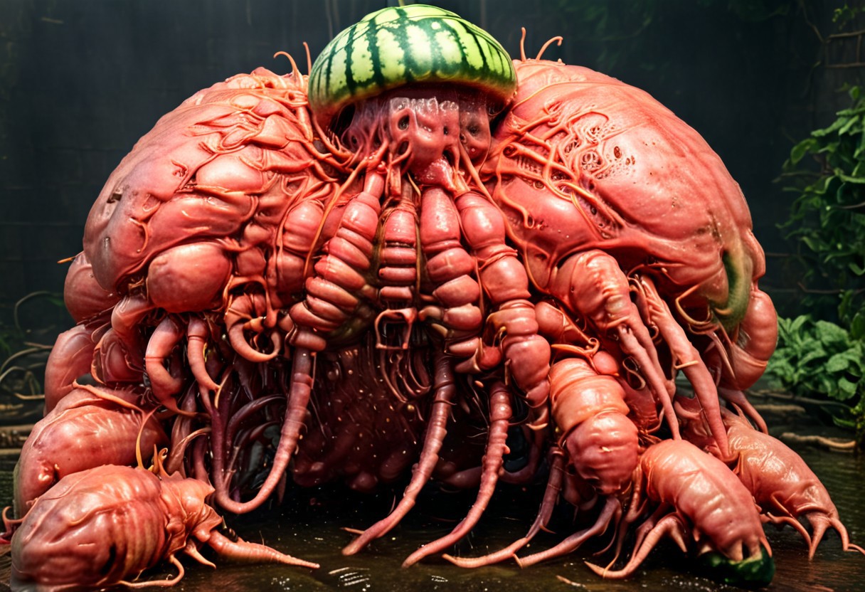 A cinematic photograph of a watermelon made of poly acrylic in the shape of a horny, five headed, morbidly obese woman, having sex with a yellow crayfish, in the style of Raphael,  Movie Still, Film Still, Cinematic, Cinematic Shot, Cinematic Lighting, JuggernautNegative, biopunkai, Disgusting, Globby, Goo, Yucky, Icky