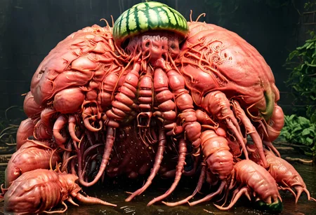 A cinematic photograph of a watermelon made of poly acrylic in the shape of a horny, five headed, morbidly obese woman, having sex with a yellow crayfish, in the style of Raphael, Movie Still, Film Still, Cinematic, Cinematic Shot, Cinematic Lighting, JuggernautNegative, biopunkai, Disgusting, Globby, Goo, Yucky, Icky