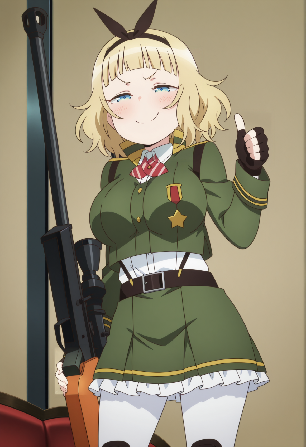anime screenshot, anime screencap, anime coloring, 1girl, short hair, blonde hair, blue eyes, military uniform, white shirt, bowtie, cropped jacket, fingerless gloves, belt, strap, pleated skirt, frills, white pantyhose, knee pads, hairband, holding sniper rifle, big breasts, smug, thumbs up, half-closed eyes,  <lora:usagi_35th:1>, masterpiece, best quality, amazing quality, very aesthetic, absurdres, highres, newest