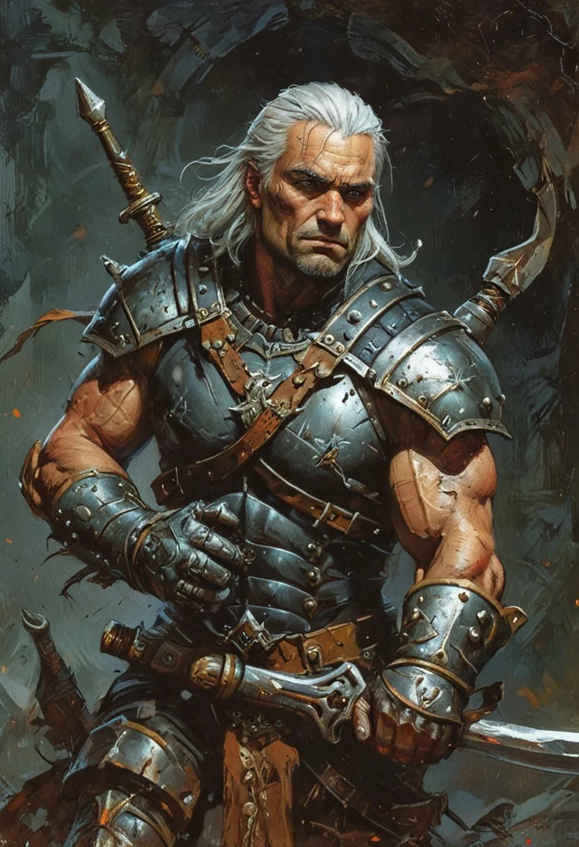 realistic, ((masterpiece)), ((best quality)), (detailed), cinematic, dynamic lighting, soft shadow, detailed outdoor landscape background, professional photography, depth of field, intricate, detailed face, subsurface scattering, in the style of Frank Frazetta, fr4z3tt4, , the Witcher, pale skin, realistic hair, white hair, ponytail,, realistic eyes, muscular, manly, photo of a handsome man, black armour, wearing black leather armor, medieval, fantasy, shiny reflective metal, dynamic pose, fighting stance, holding weapon, white hair, (40 years old), harness, NEG-fixl-2, musclebears, JuggernautNegative, action shot, great lighting,in an ancient temple,