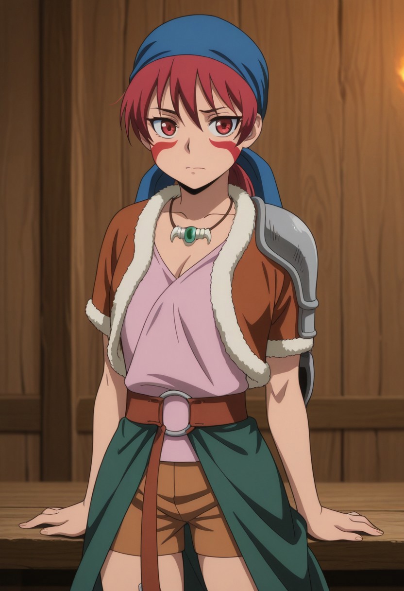 masterpiece,best quality,amazing quality, source_anime, 
alfarid, 1girl, solo, facepaint, red eyes, red hair, blue bandana, necklace, pink shirt, brown jacket, fur trim, shoulder armor, belt, brown shorts, green sarong,