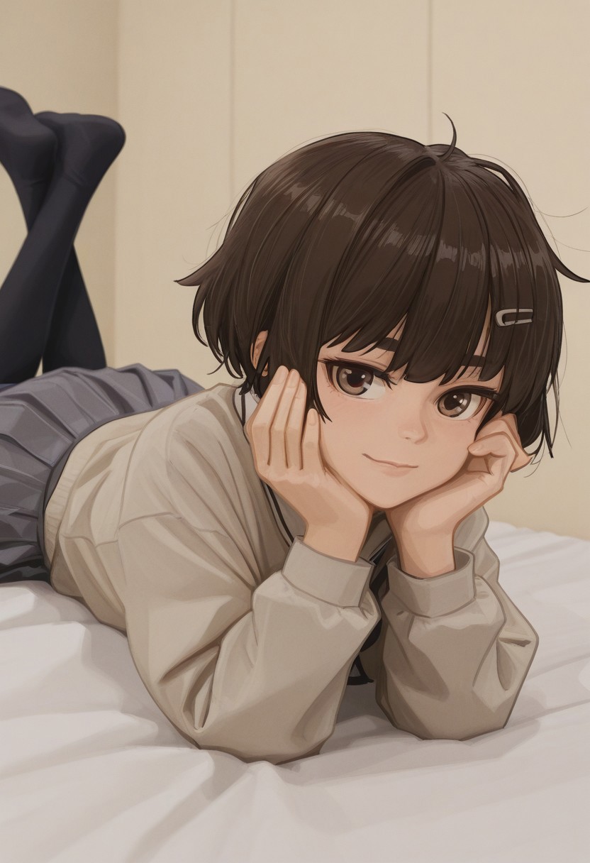tanin, brown hair, brown eyes, Hands on the cheek, lying, black thighhigs, skirt, looking at viewer, smile, on stomach, legs up,