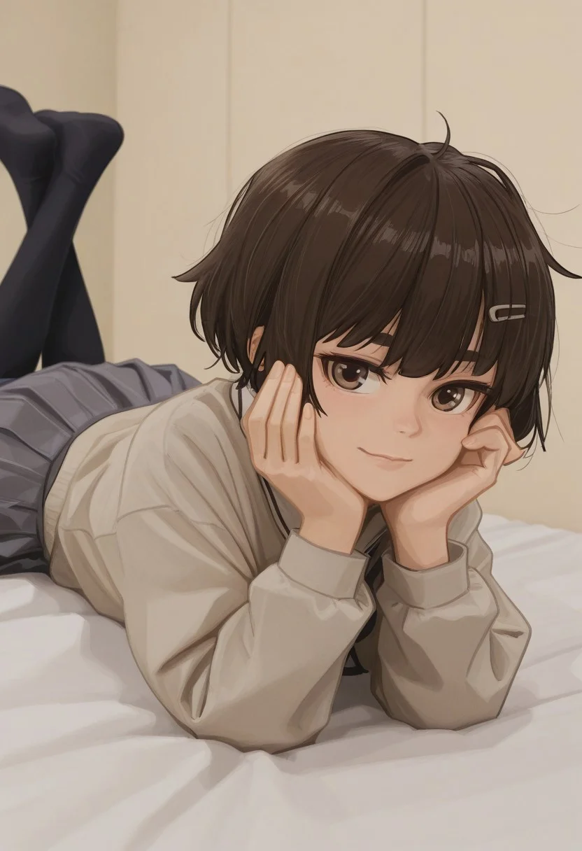 tanin, brown hair, brown eyes, Hands on the cheek, lying, black thighhigs, skirt, looking at viewer, smile, on stomach, legs up,