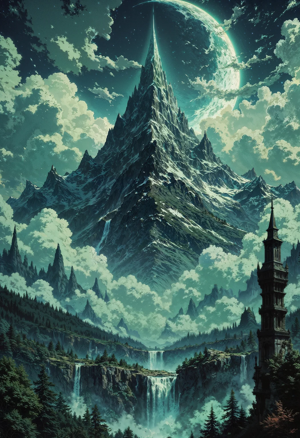 a digital fantasy landscape artwork featuring a dramatic and mystical mountain scene. At the center, a towering, jagged mountain peak rises majestically, surrounded by swirling clouds and illuminated by a glowing, crescent-shaped celestial body in the sky. The scene is bathed in a moody, bluish-green hue, enhancing the ethereal atmosphere. Below the mountain, a series of cascading waterfalls flow through lush, dense forests, creating a sense of movement and life. The foreground is detailed with intricate foliage and rocky formations, while a solitary, ancient-looking tower stands on the right, adding a sense of mystery and history to the scene. The overall composition is vertical, emphasizing the height and grandeur of the mountain and the celestial elements above.