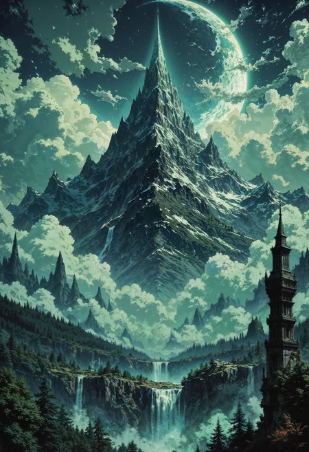 a digital fantasy landscape artwork featuring a dramatic and mystical mountain scene. At the center, a towering, jagged mountain peak rises majestically, surrounded by swirling clouds and illuminated by a glowing, crescent-shaped celestial body in the sky. The scene is bathed in a moody, bluish-green hue, enhancing the ethereal atmosphere. Below the mountain, a series of cascading waterfalls flow through lush, dense forests, creating a sense of movement and life. The foreground is detailed with intricate foliage and rocky formations, while a solitary, ancient-looking tower stands on the right, adding a sense of mystery and history to the scene. The overall composition is vertical, emphasizing the height and grandeur of the mountain and the celestial elements above.