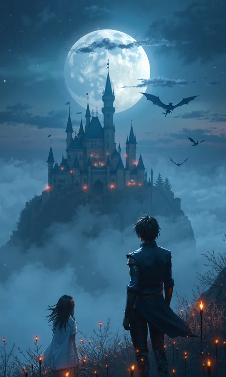 A mystical, moonlit land, shot in 4K with a subtle film grain and warm, vibrant color grading reminiscent of Hayao Miyazaki's works, features a majestic knight's castle shrouded in fog, as a flying dragon soars above, its scales glimmering under the midnight full moon. In the foreground, a young, raven-haired woman with porcelain skin and an ethereal, dreamy expression, clad in flowing white robes, stands at the edge of a misty cliff, her eyes closed, arms outstretched as if embracing the magic around her. Nearby, a chiseled, brooding knight with a strong jawline and piercing blue eyes, his skin bronzed from battle, his dark hair tousled, stands with his back against the castle wall, gazing up at the dragon with a mix of wonder and trepidation, a soft, warm light from a nearby torch casting a golden glow on his face. The painting is in the style of umesky<lora:ume_sky_v2.safetensors:0.8:0.8>