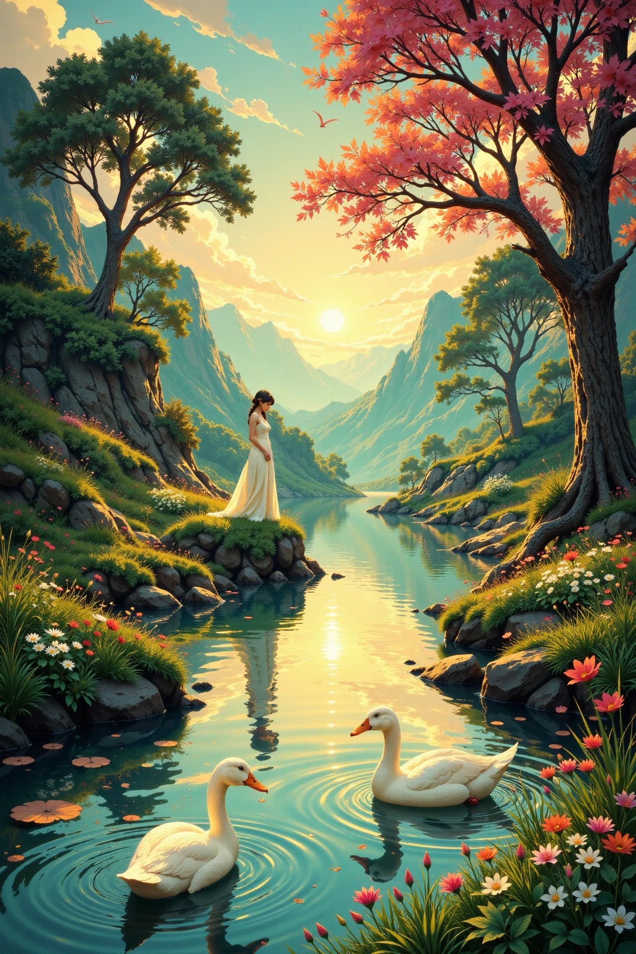 a pond with ducks beautiful anime landscape, golden hour, woman, very intricate, very detailed, sharp, bright, colorful, <lora:Hand v2:0.5> <lora:Anti-Blur:1><lora:Insane Detail Slider:0.25>  <lora:flux.1_lora_flyway_Epic-detail_v2:0.3> <lora:fluxenhancer:0.25> <lora:ROWER:0.6> <lora:flux-charmer-v1-1:0.4> <lora:Colorful_Fantasy_Art_for_FLUX:1> fantasy art