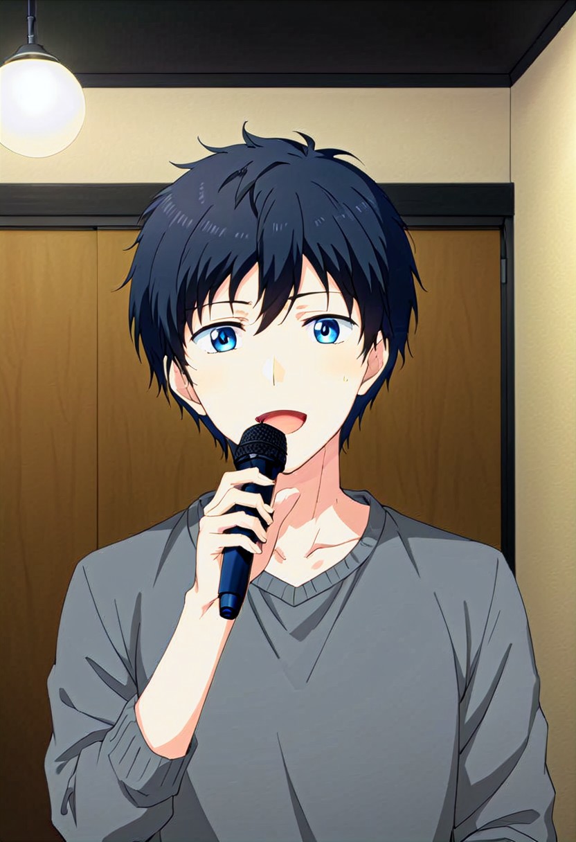 high resolution, solo, best quality, 1Boy, Arata Kaziaki, Black Hair, Blue Eyes, singing, karaoke, karaoke room, happy,
