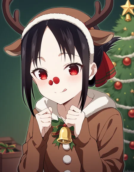 score_9, score_8_up, score_7_up, source_anime, <lora:kaguya-shinomiya-s3-ponyxl-lora-nochekaiser:1>, kaguya shinomiya, short hair, bangs, black hair, red eyes, hair ribbon, sidelocks, folded ponytail, parted bangs,, <lora:reindeer-costume-ponyxl-lora-nochekaiser:1>, reindeer costume, animal costume, reindeer antlers, antlers, fake antlers, reindeer hood, christmas, red nose, deer ears, deer tail, christmas tree, bell, horns, reindeer,, blush, smile, tongue out, looking at viewer,,