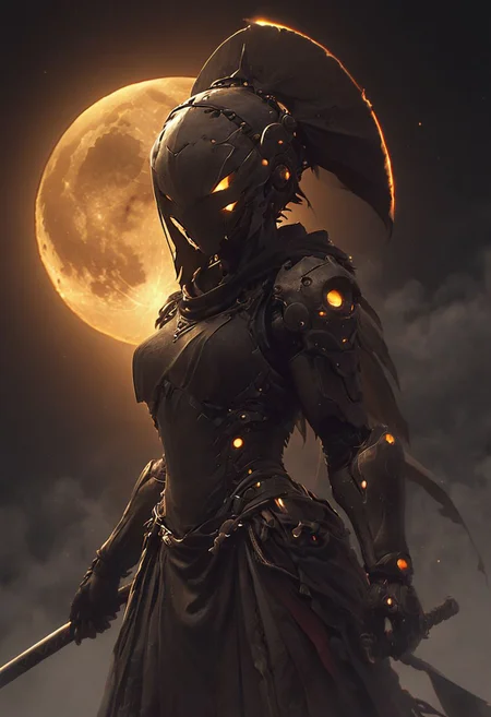 By KentarM Miura, Ethereal colorful sss - surreal scene of the night, with a nearly clear sky adorned with twinklings, colossal cosmic linen veil draping over the moon, resembling a sss sheet gently covering it, resembling a busty Cyborg Samurai with large sedge hat and with the moon AS their head, allowing glimpses of the moon's radiant glow to peek through in patches Like eyes, illuminated from within, swinging the katana Like a skilled Martial arts dancer, Curved Sword Slash, Moon in Background is a beast, 
masterpiece, intricate details, maximum resolution, hyper detailed, 
cinematic composition, soft shadows, atmospheric haze, Film grain, cinematic film still, shallow depth of field, highly detailed, high budget, cinemascope, moody, epic, OverallDetail, 2000s vintage RAW photo, photorealistic, candid camera, color graded cinematic, atmospheric lighting, imperfections, natural, shallow dof
