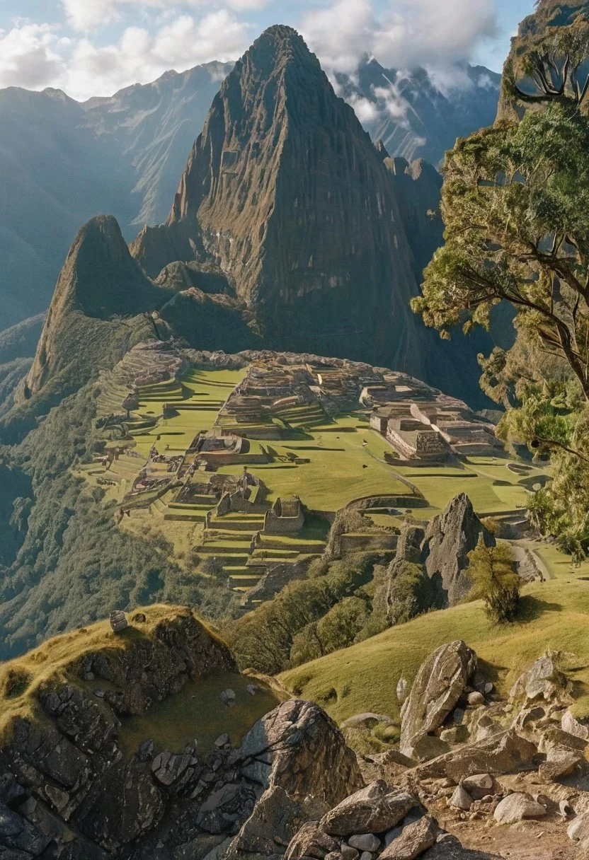 their peaks veiled in mist. mixed media, surrealism, great lighting, A surreal landscape highly detailed . extremely high-resolution details,  appears trapped in an optical illusion of reflections and refractions colorful , Machu Picchu high up in the mountains, professional photography, natural lighting, volumetric lighting maximalist. intricately detailed, complex, elegant, expansive, fantastical, film photography style,  medium grain