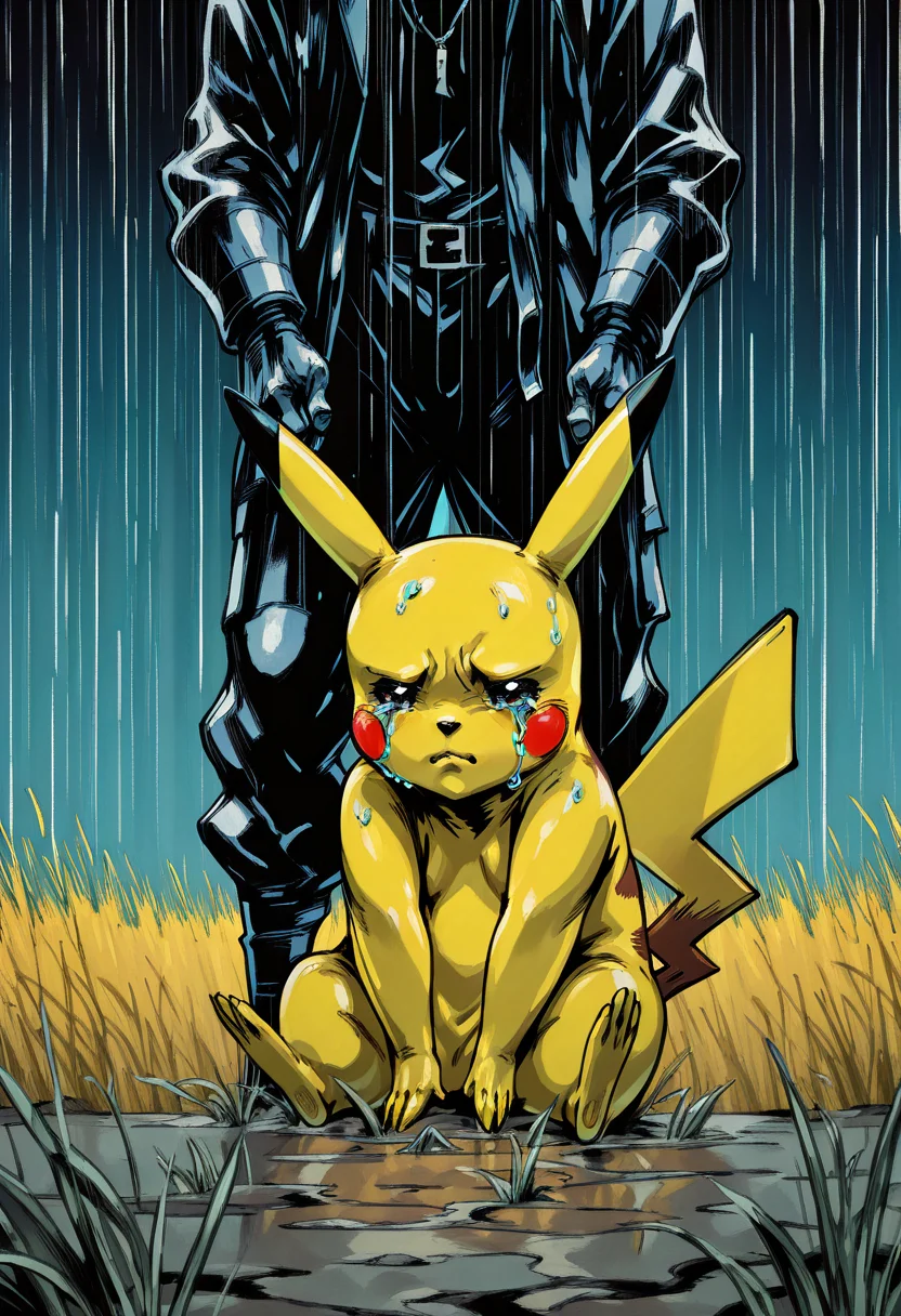 yshinkawa, anime, highly-detailed, best quality, masterpiece, newest, very aesthetic, 1boy, solo, pikachu, pokemon (creature), sad, crying, rain, sitting, field, close up