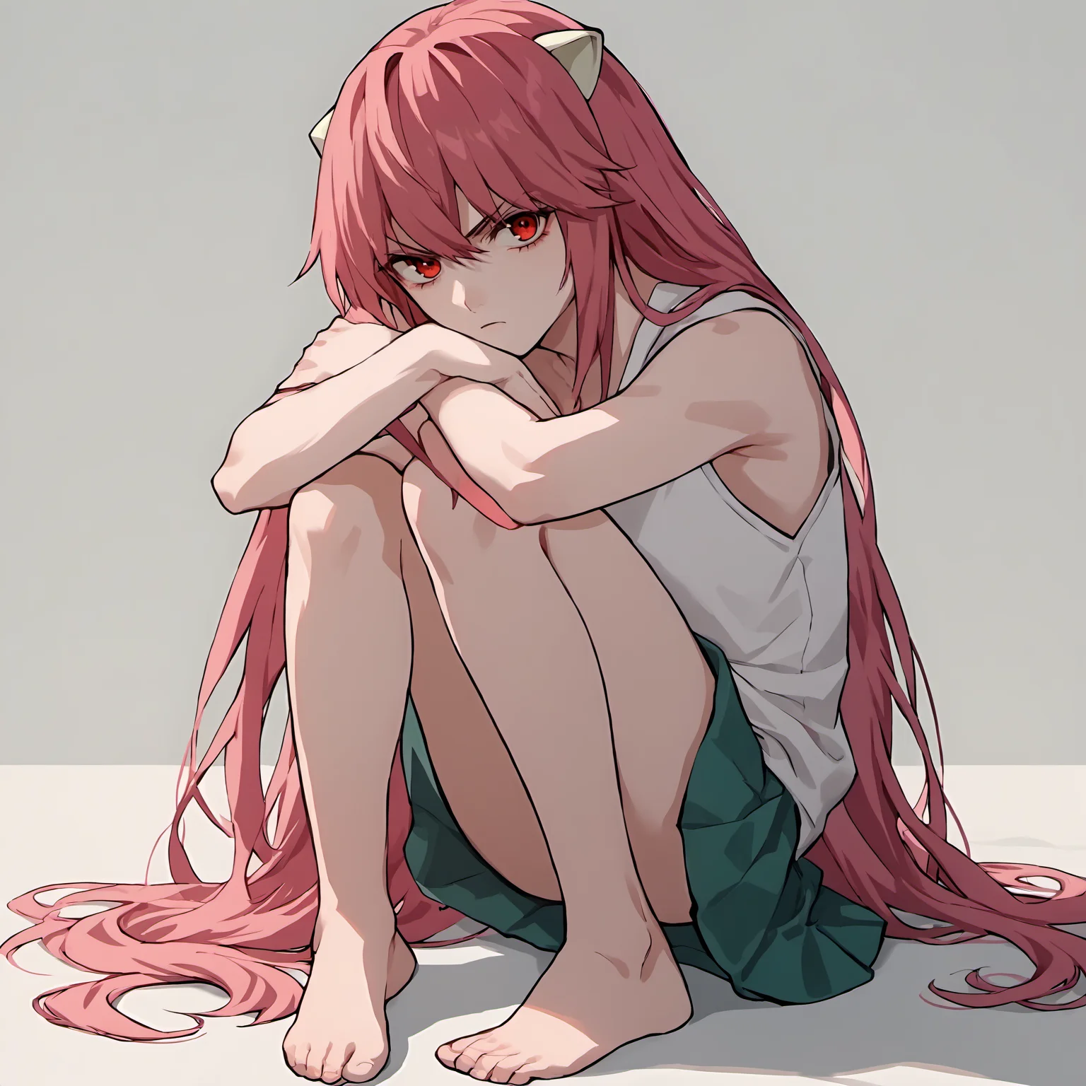 score_9, score_8_up, score_7_up, score_6_up, score_5_up, score_4_up,source_anime,Lucy, 1girl, solo, long hair, horns, red eyes,pink hair, skirt, (from front), white tanktop, red hair,no pants,barefoot, <lora:LucyPXL-000011:1>scowl, looking at viewer, invisible arms,