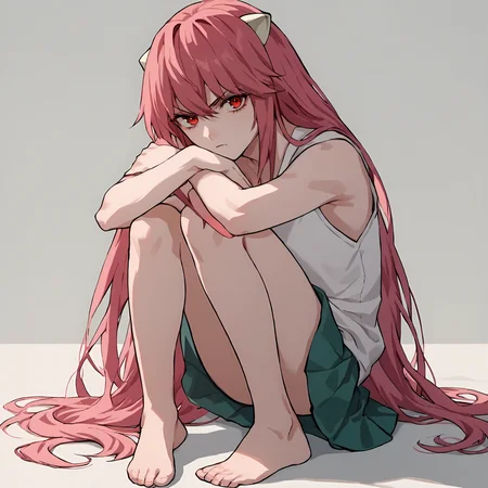 score_9, score_8_up, score_7_up, score_6_up, score_5_up, score_4_up,source_anime,Lucy, 1girl, solo, long hair, horns, red eyes,pink hair, skirt, (from front), white tanktop, red hair,no pants,barefoot, <lora:LucyPXL-000011:1>scowl, looking at viewer, invisible arms,