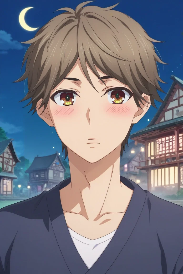 score_9, score_8_up, score_7_up, , rating_safe, intricate details, semi-realistic, looking at viewer, , 1boy, solo, male focus, <lora:hayato_shinomiya_pony:0.82>, hayato_shinomiya, brown hair, brown eyes, short hair, symmetry, town, japanese architecture, night, crescent moon, singing, shy, blush, ,, <lora:sdxl_lightning_8step_lora:1>