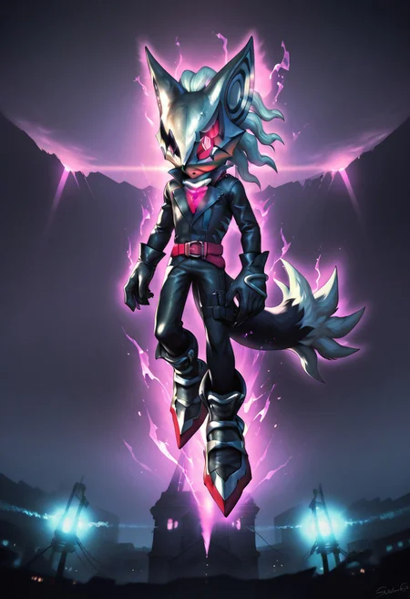 zPDXL3,RE_Engine,score_9_up,score_8_up,score_7_up,detailed,(best quality:1.2),digital media \(artwork\), BREAK, solo,best quality, 1boy, solo male, Infinite the jackal, furry, mask, ruby in chest, white hair, purple eyes, black fur, black trench coat, black gloves, red belt, black leather pants, black boots, tail, jackal, destroyed city, night, dynamic lighting, full body, floating, purple aura, multiple floating glowing cubes, neon trim
