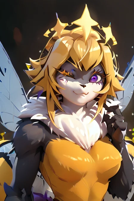 <lora:Poison_Queen_Bee_from_Solo_Farming_in_the_tower_for_PONYSDXL:1>, one eye closed, smile, closed mouth, simple background, fur collar, blonde hair, purple eyes, furry female, breasts, queen bee