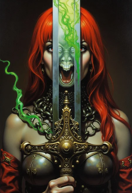 frank frazetta dark fantasy oil painting, (extremely closeup portrait of face and top of chest) of woman with pale skin and bright red hair wearing chainmail.  She is holding an intricate sword sword with a wide blade up in front of her which divides the portrait of her into 2 sides, the sword has glowing eldritch runes which emanate slight wisps of green smoke, the reflection of the sword shows a monstrous tentacled face