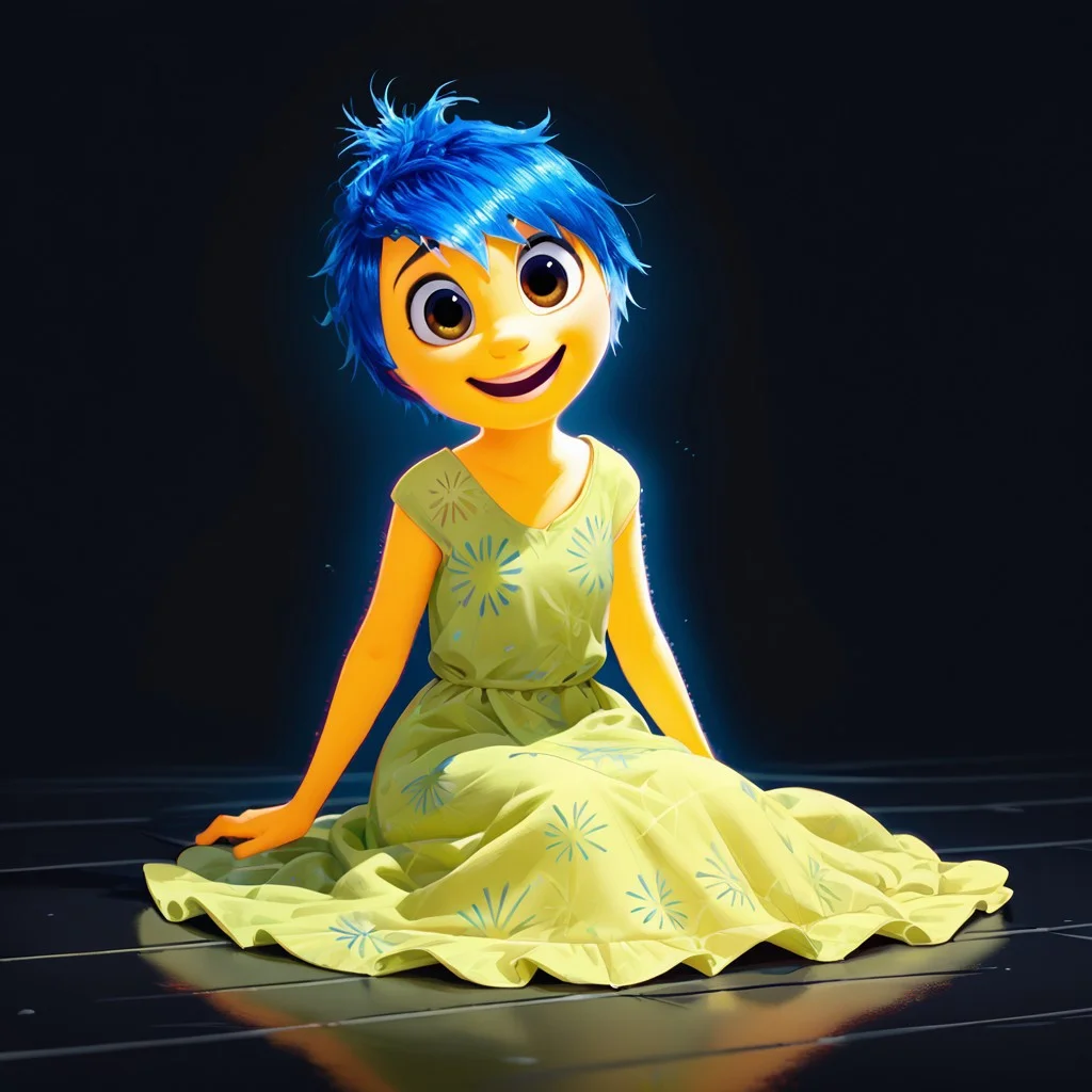 score_9, score_8_up, score_7_up, score_6_up, score_5_up, score_4_up, rating_questionable, JoyEmotion, glowing, 1girl, sitting on the floor, looking at viewer, blue hair, yellow skin, black background, loose dress, open mouth smile