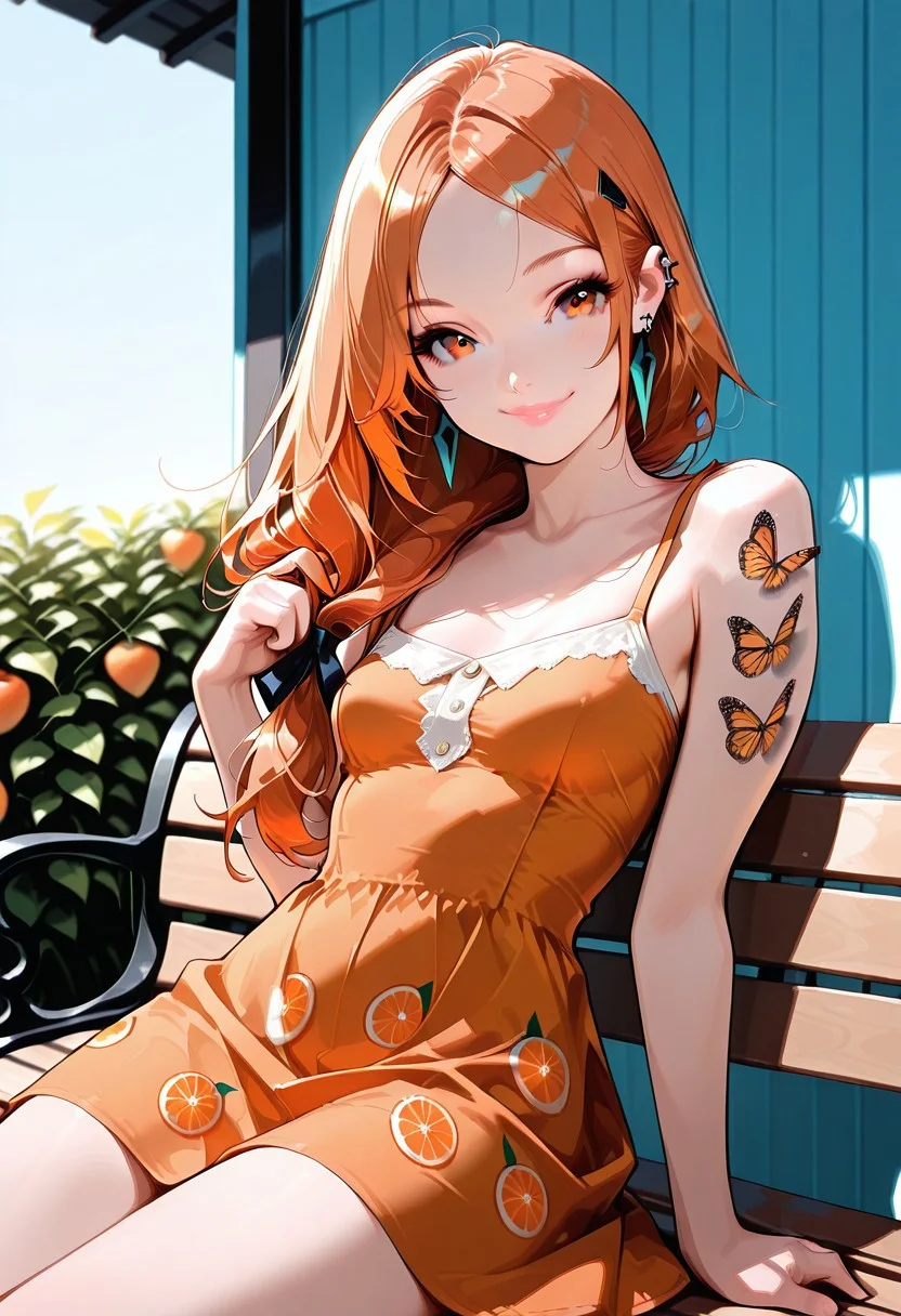 masterpiece, best quality, 32k, high resolution, absurdres, HD32k, masterpiece, Eva, EvaRH, (((orange hair))) , gradient blonde hair, low tied hair, asymmetric hair, low tied hair, long hair, hair ribbon, parted bangs, amber eyes, slim, fit, small breasts,butterfly tattoo on arm, lipgloss, beautiful lips, pierced ears, looking at the viewer, sitting on a bench, sundress, orange sundress, fruit pattern sundress, going own hair, little smile, sunny, windy, flowing hair,