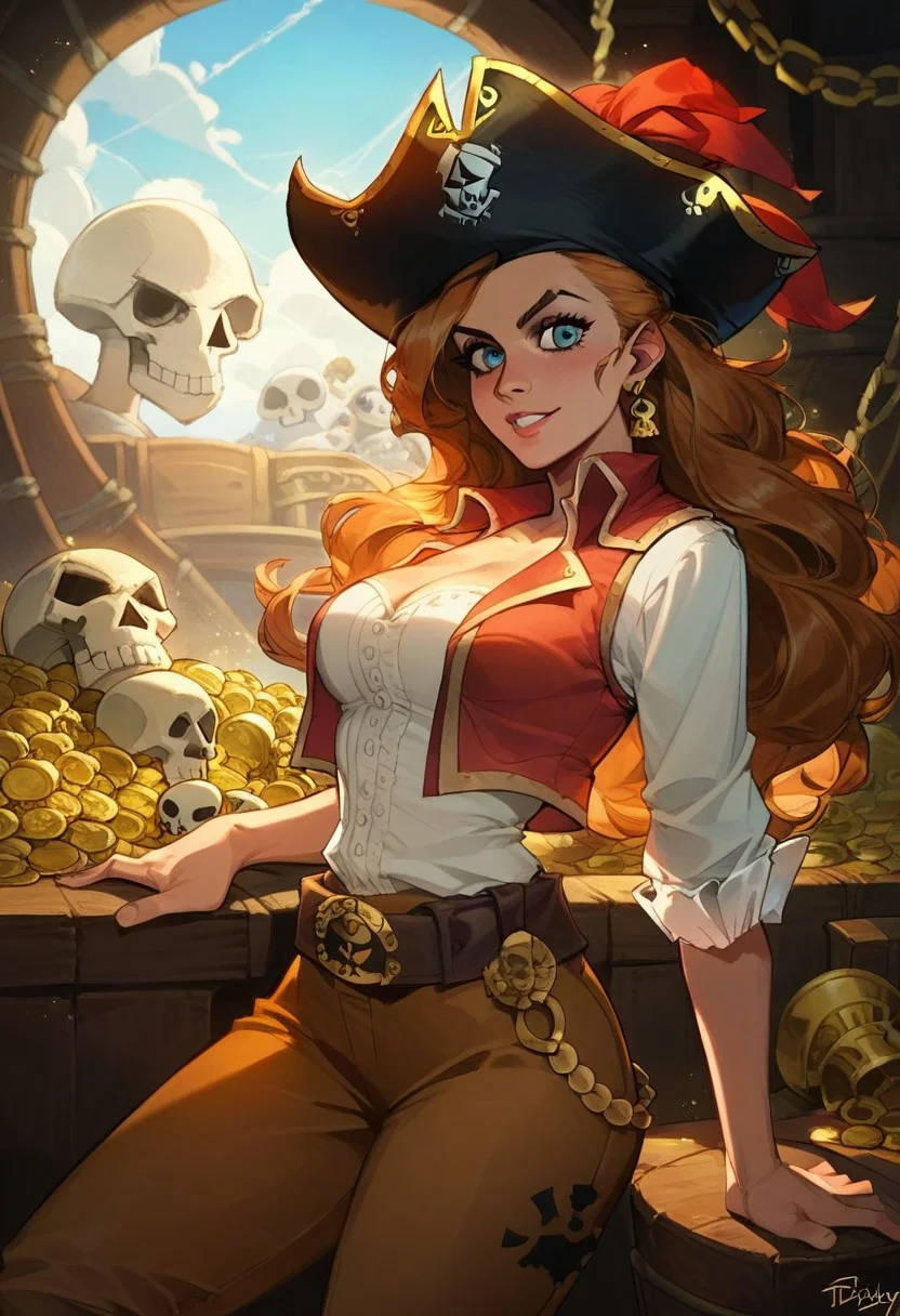 score_9, score_8_up, score_8_up, sexy woman, pirate, pirate hat, vest on bare body, brown pants, thick belt, skull island, sunny day, gold, treasure, highly detailed, dynamic lighting, depth of field, absurdres, best quality,