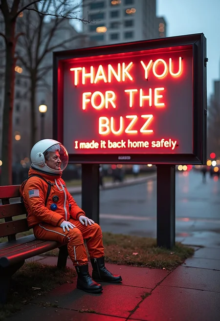 Buzz Aldrin in a space suit sitting in a park in New York next to a billboard that reads "THANK YOU FOR THE BUZZ" in neon spraypaint style, with the subtext "I made it back home safely"