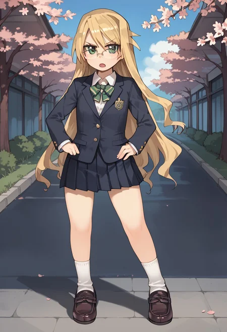 (score_9, score_8_up, score_7_up, source_anime,masterpiece,best quality,highres,absurdres),zPDXL2,skin highlights,(1girl, solo),Arima_Senka, long hair, blond hair, green eyes,glasses,flat chest,school uniform, blazer, bow, shirt, skirt, socks, loafers, looking at viewer,standing,hand on hip, pointing at viewer, serious, annoyed,open mouth,outside,school,cherry blossoms,sakura trees,sunny,