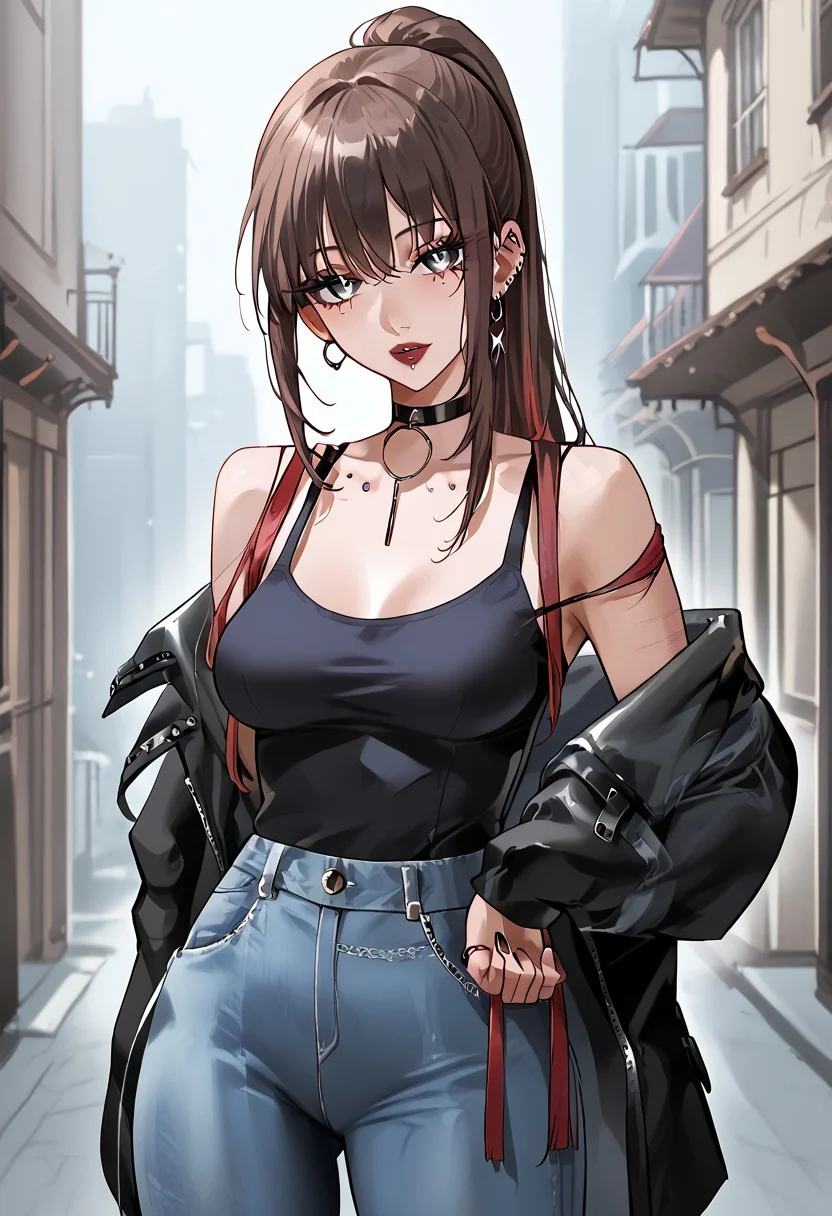 score_9, score_8_up, score_7_up, score_6_up, 1girl, expulse, medium hair, side-swepped bangs, brown hair, purple streaks, ponytail, BREAK, grey eyes, short neck, gorgeous lips, ear piercings, BREAK, medium breasts, pale skin, BREAK, solo, alone, black tanktop, tight jeans, sexy gal, no make-up (masterpiece:1.2), best quality, high resolution, unity 8k wallpaper, (illustration:0.8), (beautiful detailed eyes:1.6), extremely detailed face, perfect lighting, extremely detailed CG, (perfect hands, perfect anatomy),