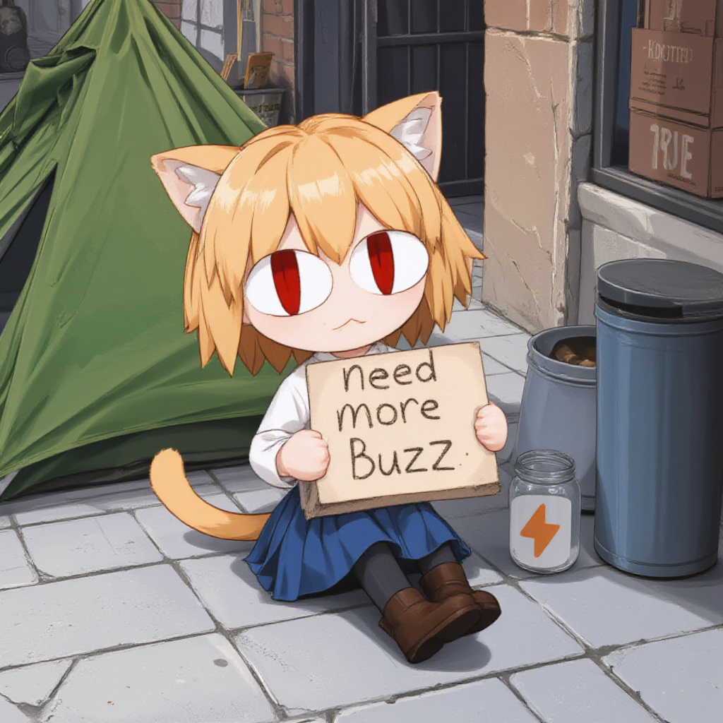 (masterpiece, absurdres, best quality,) perfection style, an image of Neco Arc, a chibi with short, messy, light tan hair. She has large, red eyes and cat ears. She wears a simple, white, long-sleeved shirt, and a blue, pleated skirt. Her legs are covered in dark gray tights, and she is wearing brown, ankle-length boots. Her tail, which is light tan and slightly curved, emerges from her skirt and extends behind her., sad, frown, homeless, facing viewer, pov, from above, sitting down on the sidewalk, holding sign with the text "need more buzz" in black marker, next to a small empty glass jar with a SuchBuzzLogo sticker on it, in front of a tent and a trash can, city, street, alley way