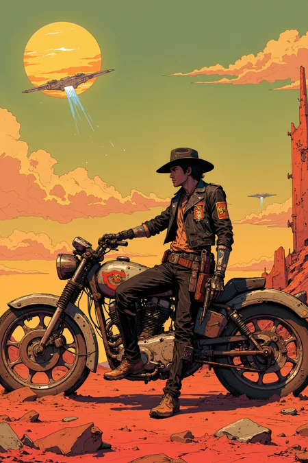 On the metallic, sun-scorched surface of a derelict space station, a lone space cowboy leans against his hovering bike, his cybernetic arm resting casually on the handlebar. His hat, made from darkened leather and adorned with the emblem of an outlaw gang, casts a shadow over his sharp, chiseled jaw. Above him, the twin suns of a distant binary star system burn brightly, their harsh light reflecting off the stationâs crumbling spires and casting long shadows across the barren, rust-covered landscape. His boots, caked with red dust from a hundred different worlds, kick up small clouds as he shifts his weight, eyes scanning the horizon where distant ships flicker like stars. The station itself, half-collapsed and forgotten, stands as a relic of a bygone age, its once-grand corridors now home to scavengers and outlaws alike. The cowboyâs blaster, a sleek, high-caliber energy weapon, hangs loosely in its holster, glowing faintly with the telltale light of a recent charge. His gaze is fixed on the shimmering silhouette of a ship descending from the sky, a long-awaited arrival that will settle an old score. The air crackles with the anticipation of a showdown, the calm before the storm in this dusty corner of the galaxy. DB4RZ, DB4RZ style painting, NeoPigma, in the style of cksc, anime, cyberpunk, a masterpiece, award winning,<lora:CPA:0.5><lora:FLUX-daubrez-DB4RZ:0.3><lora:NeoPigmaV3:0.35><lora:ck-shadow-circuit-000021:0.35>