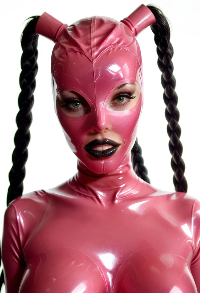 score_9, score_8_up, score_7_up, photo, photoshoot, portrait, close up, looking at viewer, 1girl, fit, mature woman, lean toned, (pink latex mask, pink latex catsuit, black lipstick:1.2), black braided pigtails, green eyes, seductive lips, (thick full lips, pouty lips, lips parted:1.0), visible teeth, glossy lips, long eyelashes, black eyeliner, black eyeshadow, soft contrast, soft shadows, large breasts, seductive expression, white background