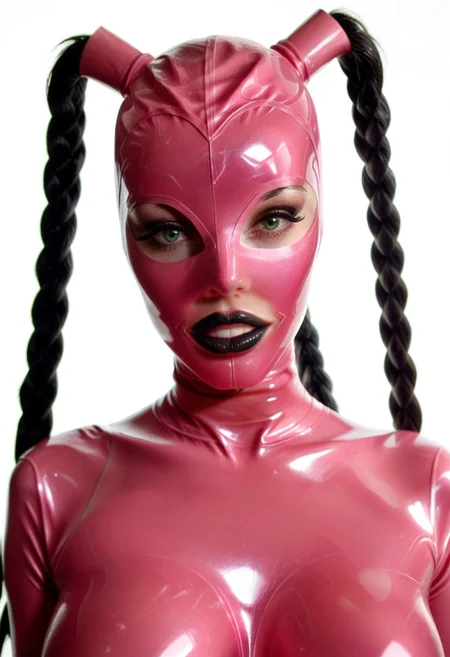 score_9, score_8_up, score_7_up, photo, photoshoot, portrait, close up, looking at viewer, 1girl, fit, mature woman, lean toned, (pink latex mask, pink latex catsuit, black lipstick:1.2), black braided pigtails, green eyes, seductive lips, (thick full lips, pouty lips, lips parted:1.0), visible teeth, glossy lips, long eyelashes, black eyeliner, black eyeshadow, soft contrast, soft shadows, large breasts, seductive expression, white background