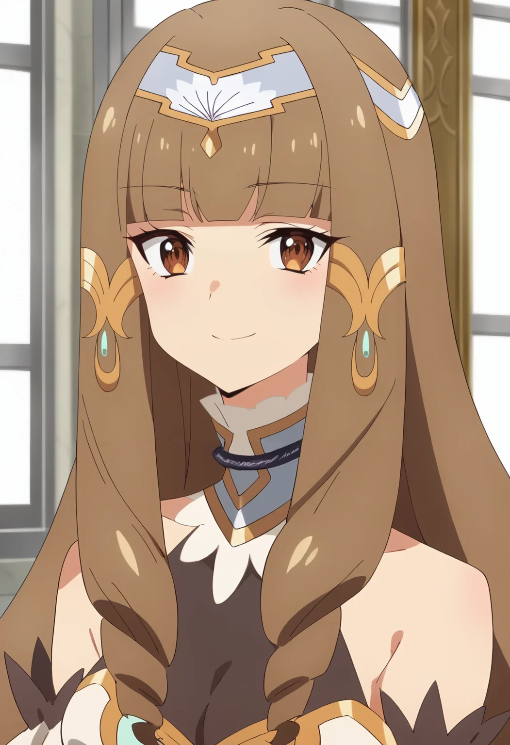 <lora:Elizabeth Klyrode:0.9> elizabeth klyrode, 1girl, brown hair, long hair, blunt bangs, brown eyes, solo, drill hair,    bare shoulders, hair ornament,  jewelry, tiara, upper body, looking at viewer, smile , medium breasts, score_9, score_7_up,anime coloring ,source_anime, anime