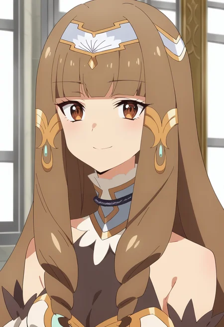 <lora:Elizabeth Klyrode:0.9> elizabeth klyrode, 1girl, brown hair, long hair, blunt bangs, brown eyes, solo, drill hair, bare shoulders, hair ornament, jewelry, tiara, upper body, looking at viewer, smile , medium breasts, score_9, score_7_up,anime coloring ,source_anime, anime