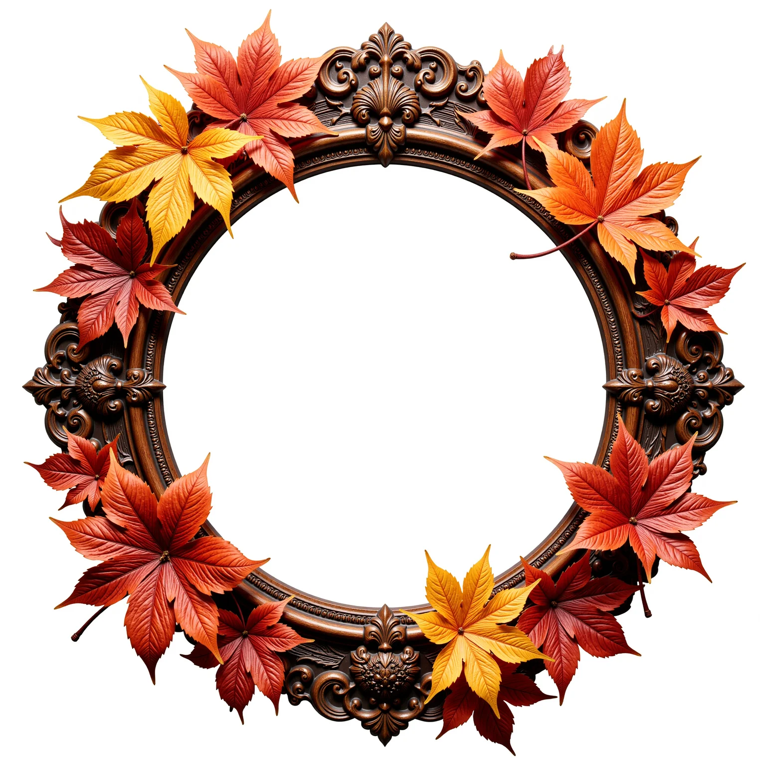 a high detailed circular tokenframe on a white background with an empty white centre. Design of: rich mahogany wood with intricate carvings and glowing details, surrounded by an explosion of vibrant autumn leaves in deep reds, warm golds, and bright oranges, each leaf shimmering under golden light rays, creating a stunning and captivating visual effect.