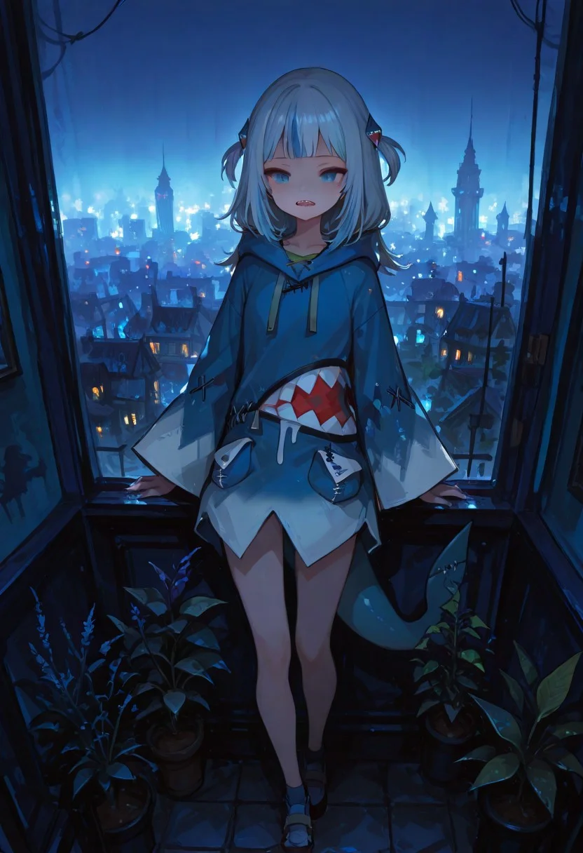 digital art, silhouette of blue hoodie, shark print, shark hair ornament, two side up, wide sleeves, drawstring, grey hair, streaked hair, blue eyes, shark tail, blue nails blue gradient background, cityscape with tall buildings, night scene, fish and plants in the foreground, dark blue color scheme, minimalistic style, fantasy city, mysterious atmosphere, "GAWR GURA" text at the bottom, no faces, intricate details in buildings, sharp teeth of the hood, serene and enigmatic mood