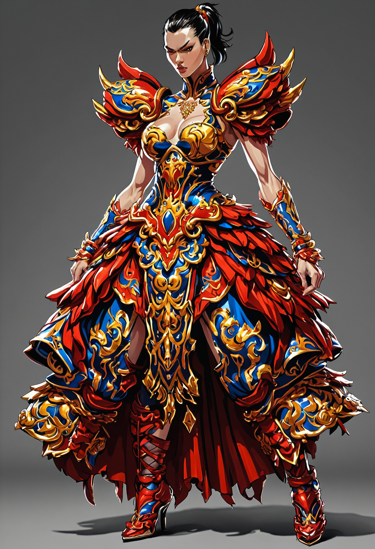 Street Fighter style <lora:Alexander McQueen-concept art-000005:1>, alexander mcqueen, concept art, armor dress . Vibrant, dynamic, arcade, 2D fighting game, highly detailed, reminiscent of Street Fighter series