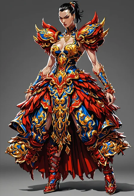 Street Fighter style <lora:Alexander McQueen-concept art-000005:1>, alexander mcqueen, concept art, armor dress . Vibrant, dynamic, arcade, 2D fighting game, highly detailed, reminiscent of Street Fighter series