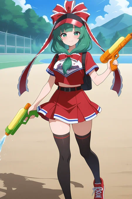 absurdres, highres, masterpiece, best quality, amazing quality, official anime artwork, screencap, anime screencap, outdoors, looking at viewer,  light smile, 
 <lora:Hina-Kagiyama_Illustrious:1> kagiyama hina, 1girl, solo, green eyes, green hair, long hair, front ponytail,, kagiyama hina \(misfortune exorcising cheerleader\), alternate costume, hair ribbon, red ribbon, black belt, black thighhighs, red shirt, sleveless, red skirt, short skirt, holding water gun, red footwear, visor cap, black cap, black backpack,
