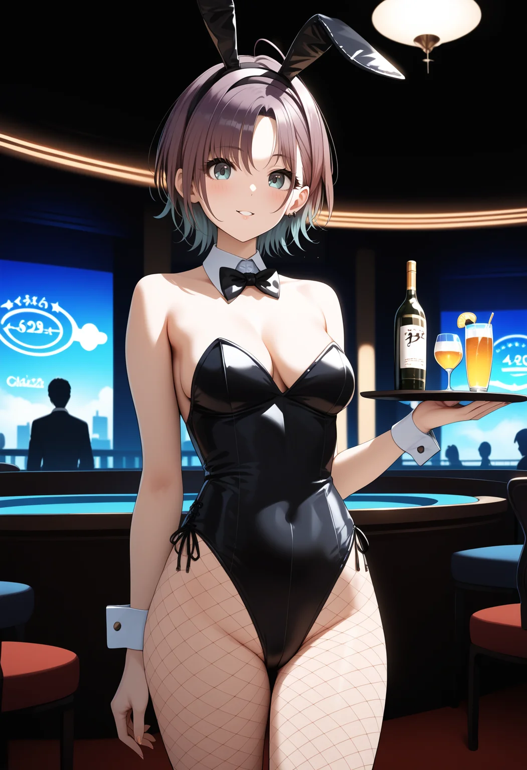score_9, score_8_up, score_7_up, score_6_up, score_5_up, score_4_up, source_anime, aatoru, short hair, gradient hair, ahoge, medium breasts, <lora:asakura_toru_ponyxl_v1:0.9>, holding tray, playboy bunny, hairband, fishnet pantyhose, casino, indoors, standing, cowboy shot,