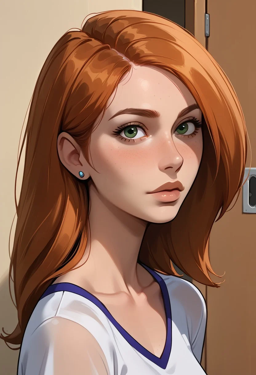 score_9, score_8, score_7, score_8_up, 1girl, bonnie and kim possible, (1petite, Kim Possible), Expressiveh, redhead, small neck, blushing, solo, freckles, (long hair, green eyes), smooth hair, medium hair, collarbone, side view, jewelry, piercings, close up view, (looking at viewer), close up view, in a school, light blue lockers, cheerleader top,