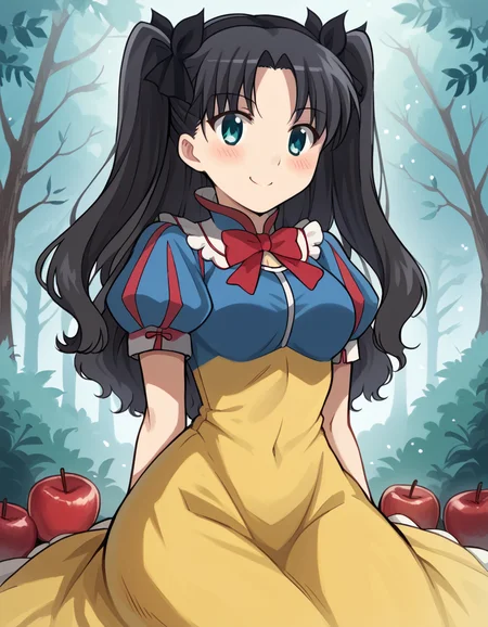 score_9, score_8_up, score_7_up, source_anime, <lora:carnivalphantasm-rin-tohsaka-ova-ponyxl-lora-nochekaiser:1>, rin tohsaka, aqua eyes, black hair, hair ribbon, long hair, ribbon, sidelocks, two side up, parted bangs, medium breasts,, <lora:snow-white-cosplay-ponyxl-lora-nochekaiser:1>, snow white cosplay, snow white (disney) (cosplay), cosplay, dress, hair bow, puff and slash sleeves, puffy short sleeves, puffy sleeves, red bow, short sleeves, skirt, yellow skirt, yellow dress,, forest, sitting, smile, blush, apple,, cowboy shot,, , dutch angle, cowboy shot